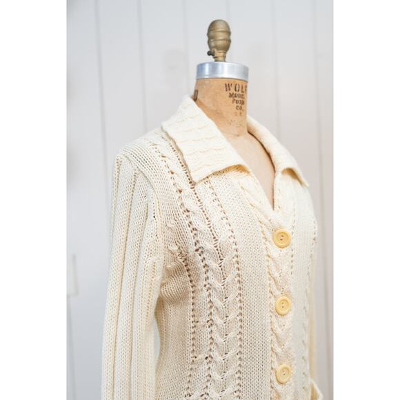Vintage Cream Cable Knit Fisherman Sweater, Cottage Acrylic Cardigan, Pockets, M - Picture 5 of 11